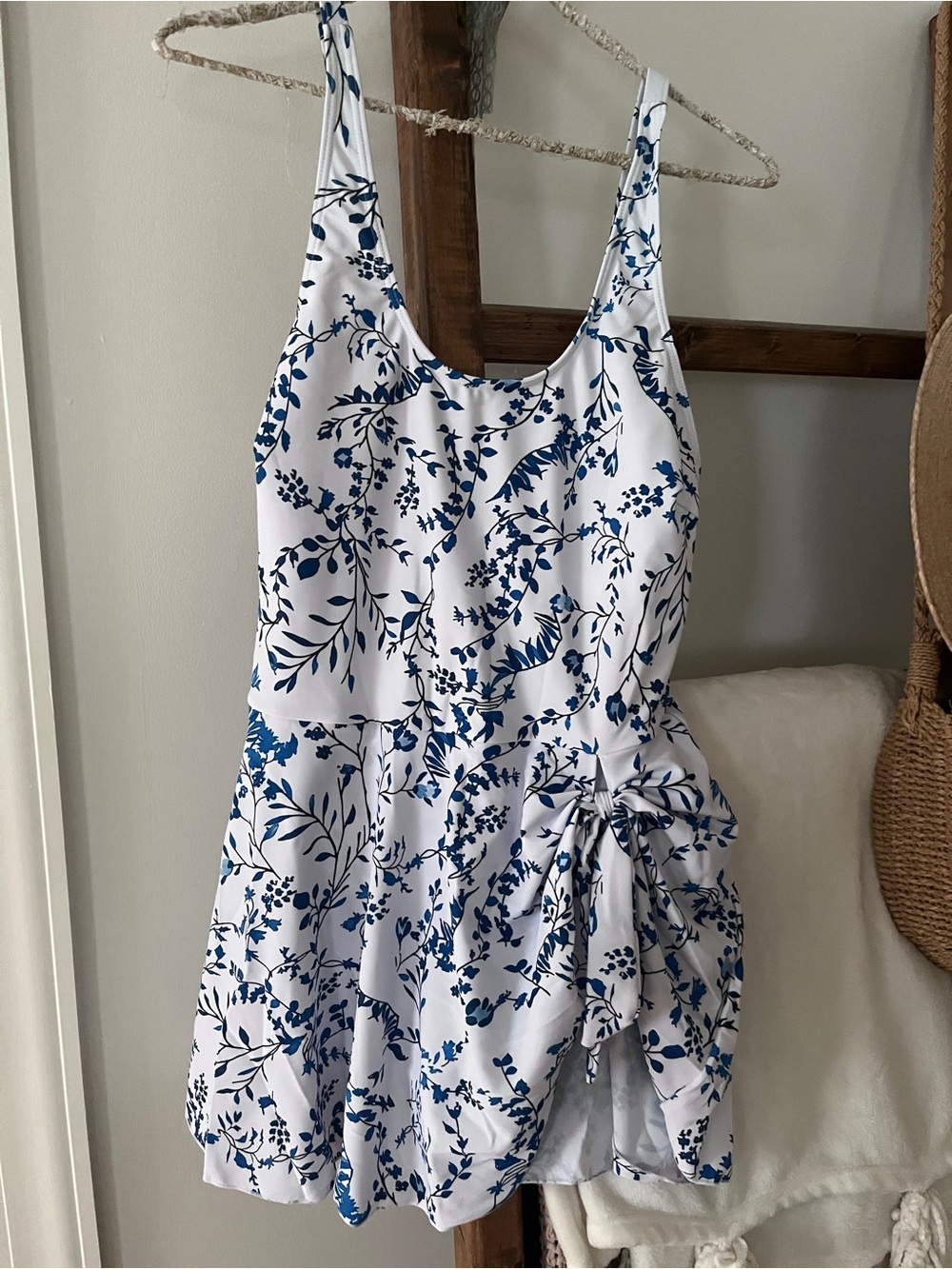 White & Blue Floral Tie-Waist One Piece Bathing Suit Dress